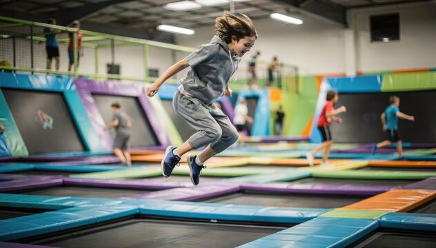 Teenfocused indoor trampoline park featuring multiple courts in medium shot with a teen jumping in sharp detail and a vibrant dynamic layout softly blurred behind.