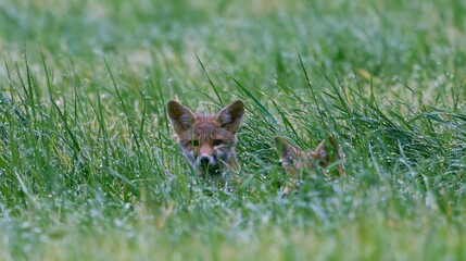 Fototapeta premium Cute wild red fox cubs hiding in tall green wet grass with morning dew drops