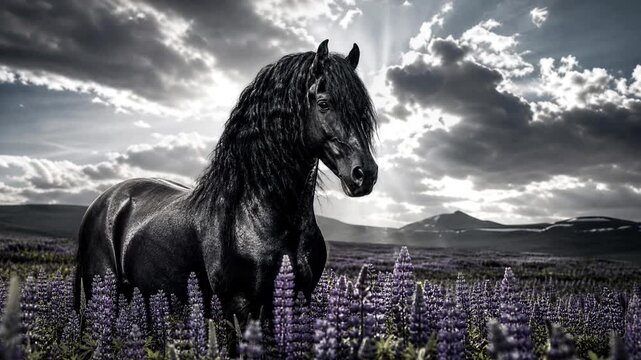 Majestic black horse standing in purple lupine field