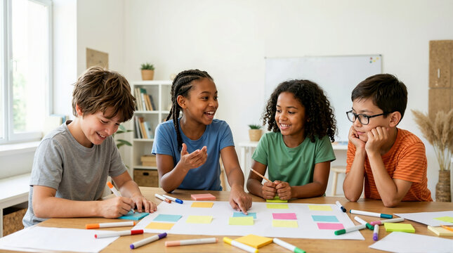 Diverse group of kids brainstorming ideas with sticky notes. Children collaborating on a creative project at a table