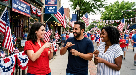Fototapeta premium Diverse group of friends communicating with sign language on a decorated street. Deaf adults smiling and talking during a summer festival. July 4th Independence Day town celebration