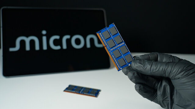 Display of Micron Technology background, American semiconductor company, produce DRAM dynamic random-access memory, flash memory, and solid state drives SSD : Toronto, Ontario, Canada - May 9, 2026