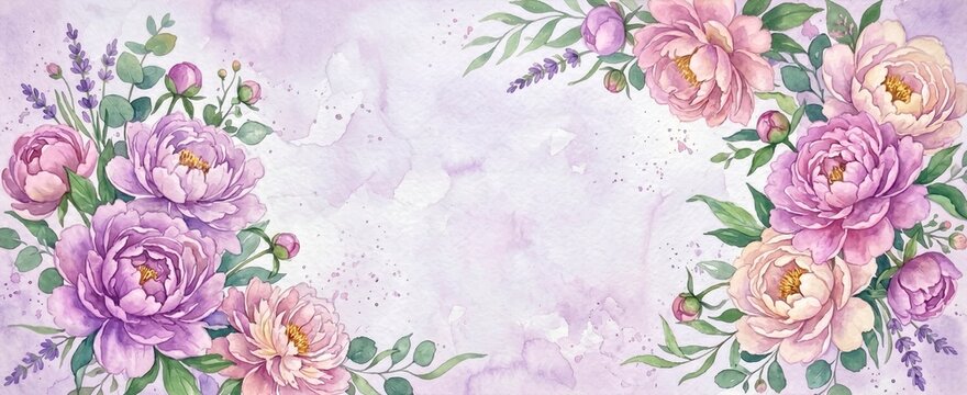 Watercolor floral banner with pink and purple peonies. Light lilac wash background with botanical corner frame. Copy space for text