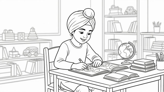 Black and white line art illustration of a young Sikh girl wearing a turban and studying at a desk. Coloring page of a female student writing in a notebook with a globe and books in the background
