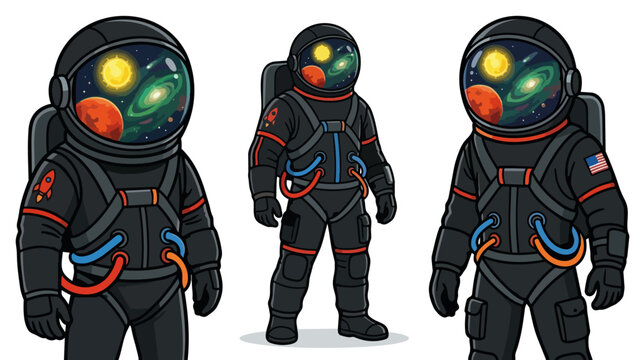 Black spacesuit astronaut character set. Space exploration concept with galaxy reflection in visor. Flat design vector illustration