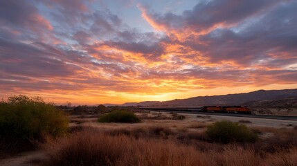 Obraz premium Dramatic sunset clouds paint the vast desert landscape with vibrant shades of orange pink and purple