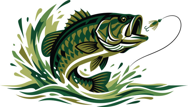 Large mouth bass jumping out of water with hook and lure in its mouth