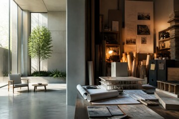 Fototapeta premium Modern architectural studio interior with courtyard tree natural light and design models on a planning desk