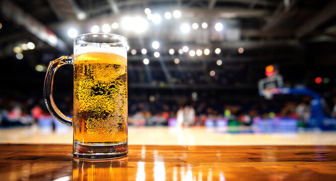 Cold refreshing glass of beer on a wooden table with basketball game in the background