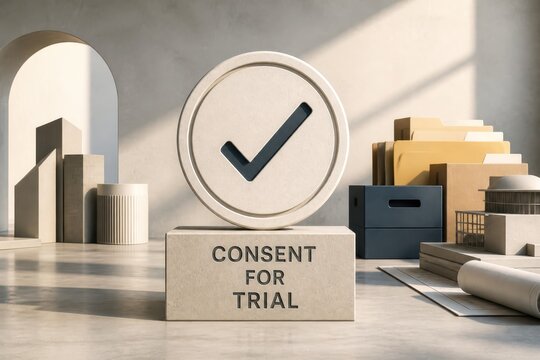 Consent for Trial Concept with Checkmark Block and Office Files in Minimal 3D Render