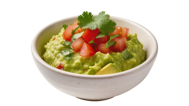 Isolated bowl of fresh creamy guacamole topped with vibrant tomatoes and green cilantro ready to eat