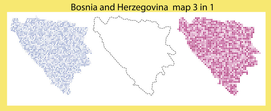 Bosnia and herzegovina map 3 in 1 with blue, black and pink mosaic patterns