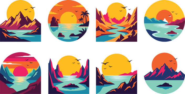 Vibrant abstract landscape illustrations with colorful mountains and sunsets in various oval shapes and designs with water and sky