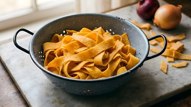 Freshly made wide egg pasta noodles in a grey metal colander strainer on a white marble kitchen board with whole red and yellow onions in the background blurred natural light