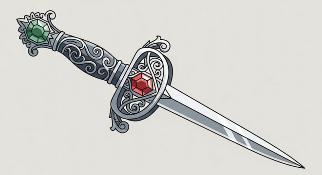 Ornate Dagger Illustration with Silver Hilt and Red Green Jewels, Isolated