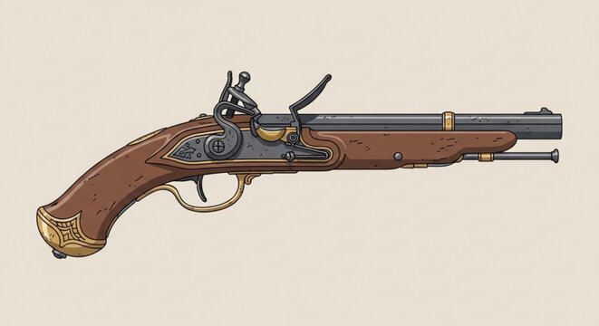 Flintlock Pistol Vintage Illustration Isolated on Light Background