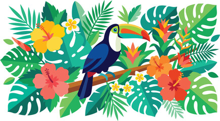 Naklejka premium Colorful toucan perched on branch amidst tropical foliage and vibrant flowers in jungle environment with exotic plants and leaves