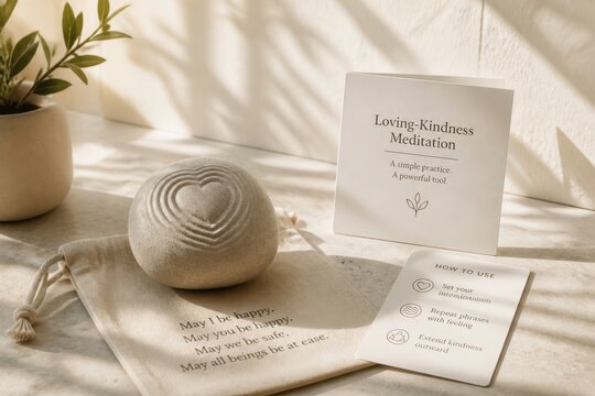 Serene loving kindness meditation still life with stone card and plant in soft morning light