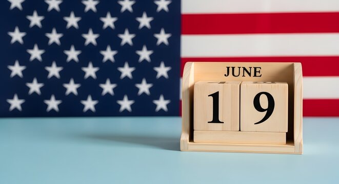 Juneteenth freedom day commemoration wooden calendar displaying june 19th with american flag background