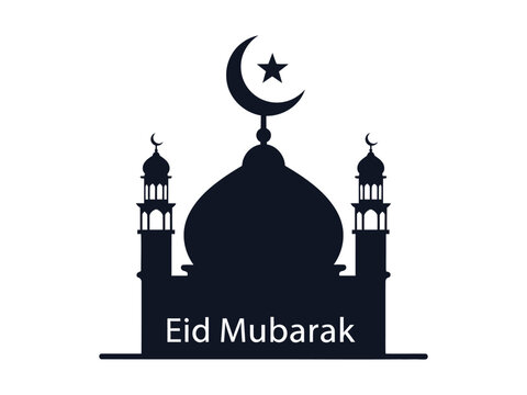 80 Islamic Mosque Silhouette with Eid Mubarak Text, Black Mosque Vector Icon with Crescent Moon and Star, Religious Greeting Card Element 120