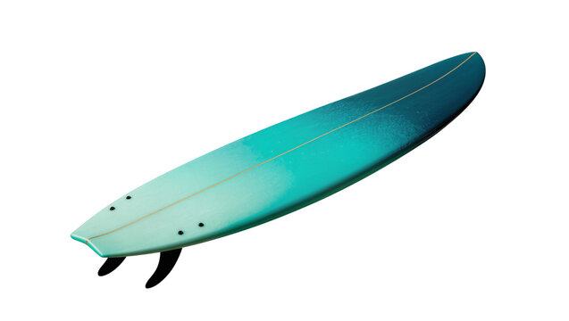 Isolated modern surfboard with a teal blue green gradient and black fins for summer water sports