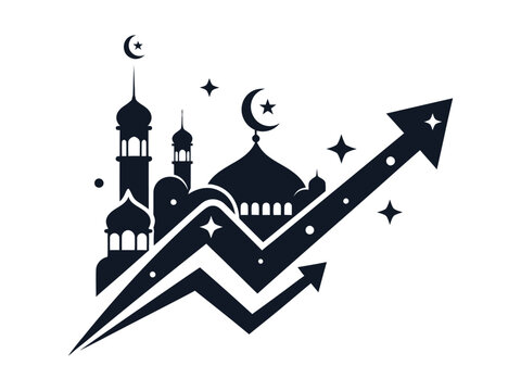 80 Islamic finance growth concept with mosque silhouette and rising arrow, halal investment and sharia banking success vector, muslim economy progress icon 120