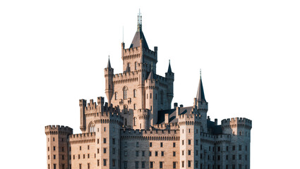 Isolated majestic historic stone castle with multiple turrets and spires, grand medieval fortress architecture. © ROCKETX