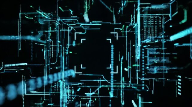 Futuristic digital hud interface with scrolling code, data streams, and pulsing nodes on a deep black void background, illuminated by blue and green neon glow, a slow push-in dolly virtual camera