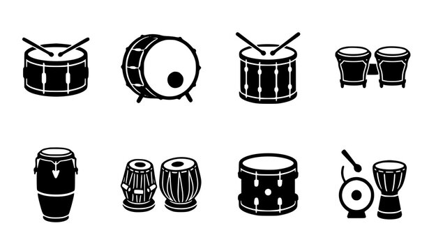 Isolated drum icon vector set with trendy percussion music symbols on white background