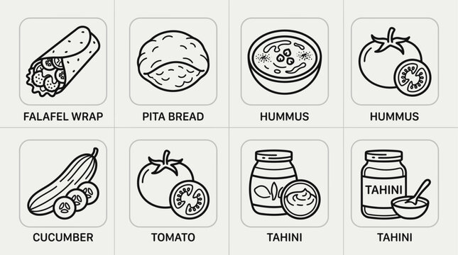 Falafel Wrap and Hummus Icons Representing Middle Eastern Cuisine