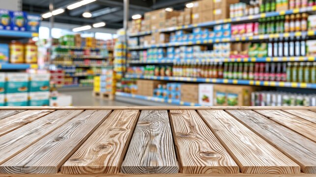 Wooden Table Surface in Blurred Supermarket Aisles with Shelves Full of Products