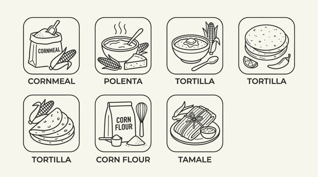 Corn Products Outline Illustration Icon Set Cornmeal Polenta Tortilla and Tamale