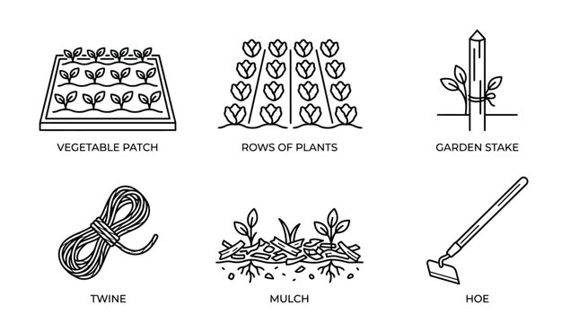 Gardening Icons of Plants Mulch and Hoe in a Outline Style Line Vector