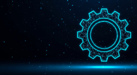 Obraz premium A glowing gear icon with a tech-inspired design on a dark background with scattered stars and a subtle blue horizon.