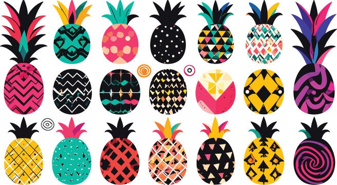 Colorful hand drawn abstract pineapple pattern set with geometric shapes textures and vibrant tropical summer vectors isolated on white background.