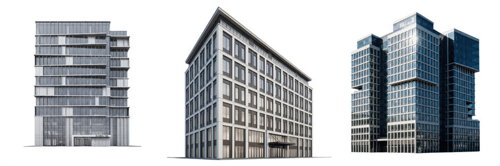 Fototapeta premium Collection of Modern Office Buildings and Commercial Skyscrapers, Contemporary Architecture Designs, Isolated PNG Transparent Backgrounds for Urban Real Estate, Business Concepts, and City Projects