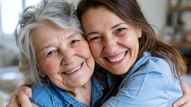 Close-up portrait of a happy elderly mother and her adult daughter sharing a warm hug, conveying love and support.