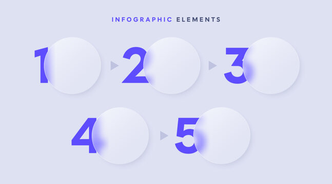 Modern infographic elements in glassmorphism style. Transparent glass circles with numbered steps. Isolated on light gray background. Infographic design for presentations, workflow visualization, etc.