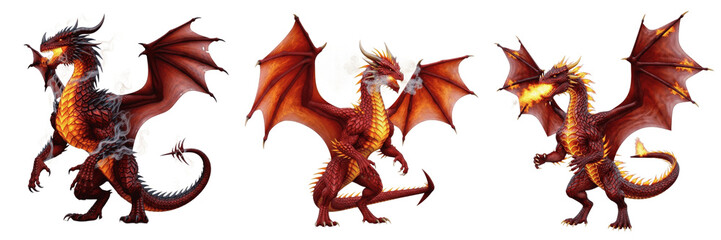 Fototapeta premium Fantasy Red Dragon Set Isolated on White Background High Resolution PNG Elements