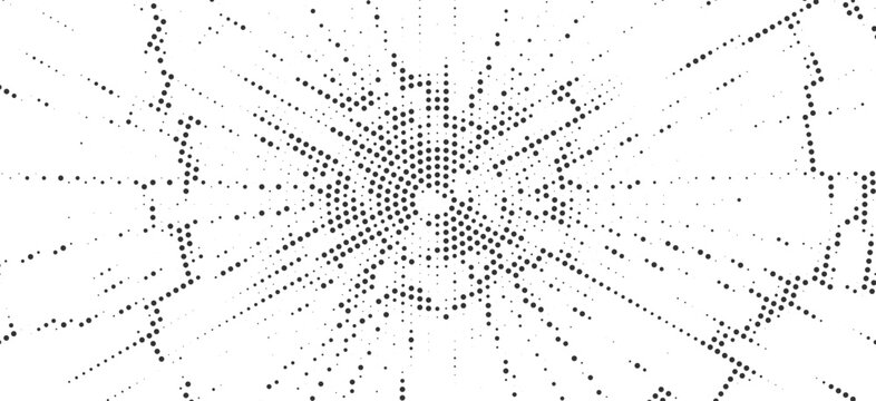 Black monochrome blast halftone dot pattern background, abstract splash explosion radial lines texture, creative abstract vector graphic