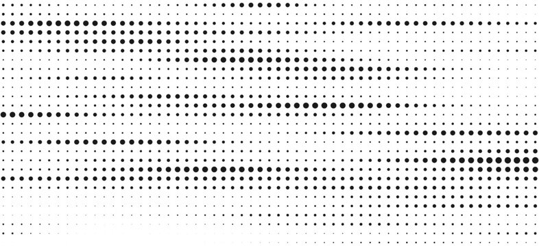 Black halftone dot pattern background with horizontal lines, abstract geometric texture, modern monochrome vector graphic design