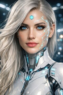 A close-up portrait of a female android with fair skin, long blonde hair, and glowing blue circuit patterns on her face