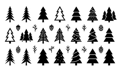 Minimal black spruce tree vector illustration set with evergreen Christmas forest icons © Md
