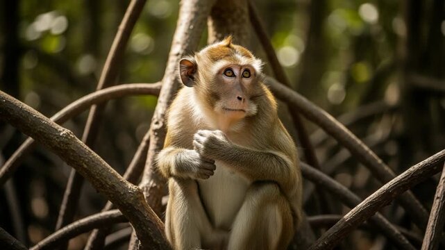A monkey sits on branches in a forest, looking to the side