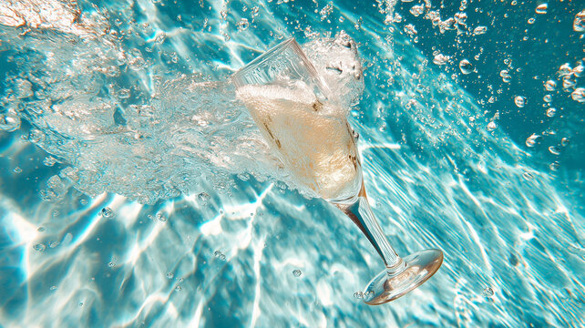 AN EMPTY WHITE WINE FLUTE THAT HAS JUST FALLEN INTO THE WATER