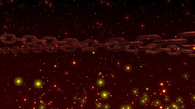 Heavy, rusty metal chains stretch across a dark, fiery red background, illuminated by glowing orange and yellow particles, creating an intense, dangerous, and infernal atmosphere.