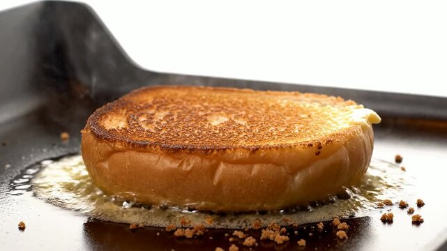Close-Up View of a Hand Placing a Grilled Sandwich on a Black Griddle with Melting Butter and Crumbs in a Gourmet Cooking Setting