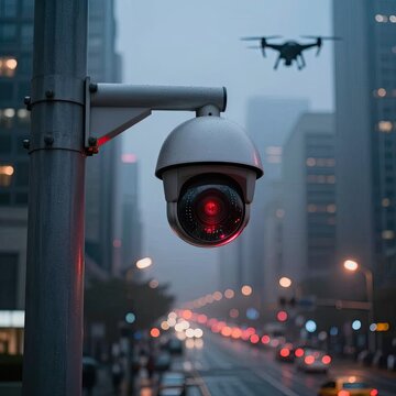 A security camera overlooking a busy city street in the evening with a drone hovering overhead