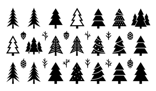 Minimal black spruce tree vector illustration set with evergreen Christmas forest icons
