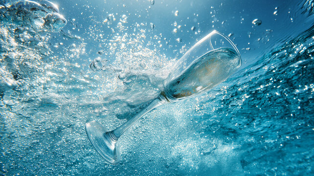 AN EMPTY WHITE WINE FLUTE THAT HAS JUST FALLEN INTO THE WATER
